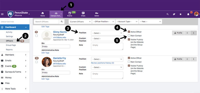 A screen capture of a screen in Connect showing how to manage organization officers