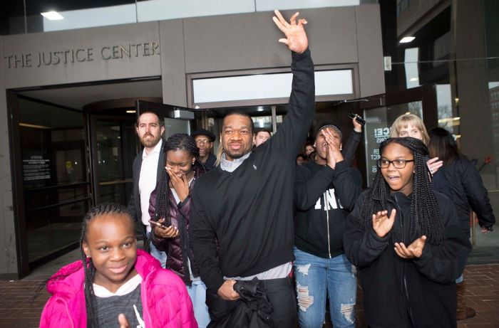 Ru-El Sailor walks out of the Cuyahoga County Courthouse with his family in March after spending 15 years in prison for a murder he did not commit.