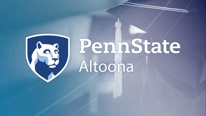 The Penn State Altoona mark with a rear view of a graduation cap in the background