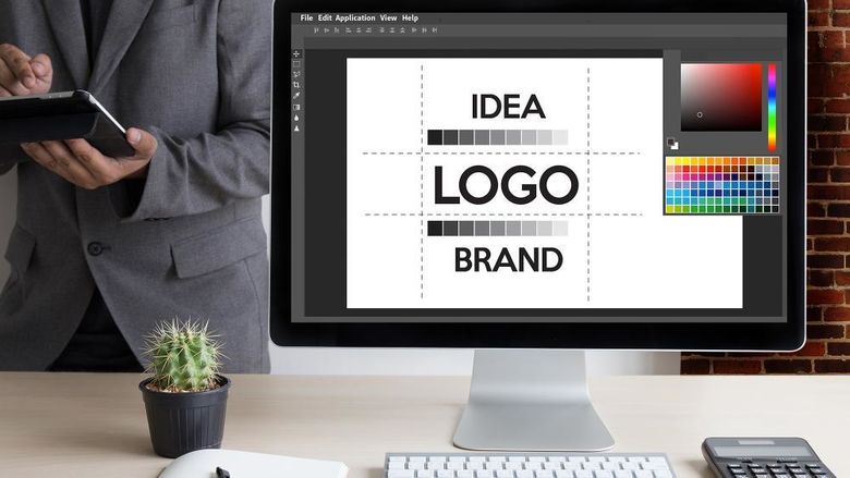 A computer screen showing the words idea, logo, and brand
