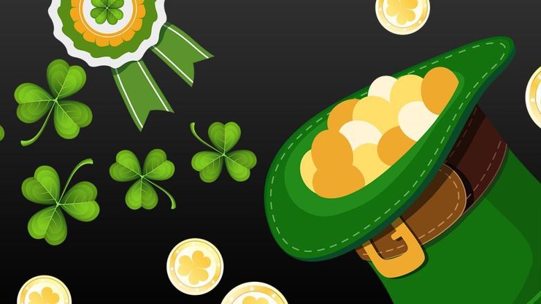 Shamrocks, a green ribbon, and a green top hat filled with gold coins
