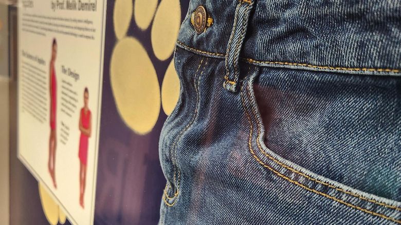 Photo of a pair of jeans, white paw prints and signage in a frame. 