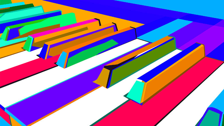 A colorful graphic representing keys on a piano keyboard