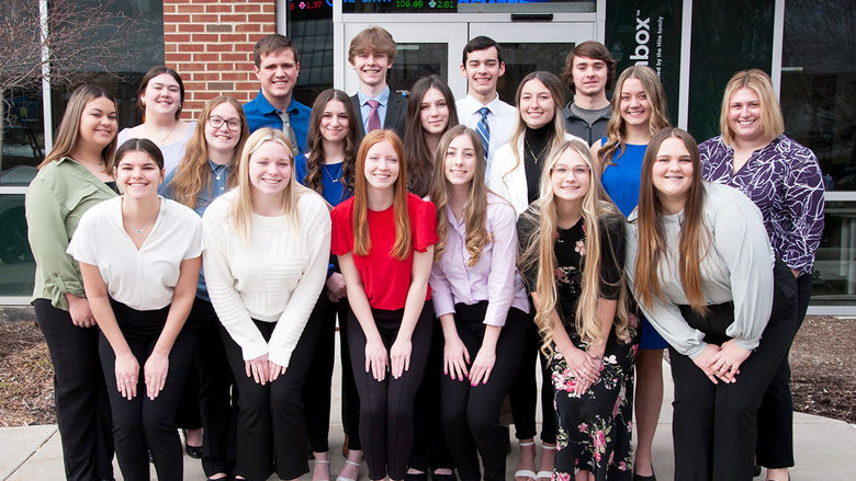 A group of Claysburg-Kimmel high school students poses outside the Sheetz Center for Entrepreneurial Excellence