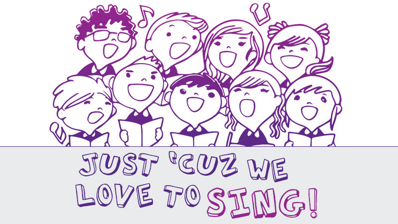 Just Cuz We Like to Sing graphic with cartoon choir