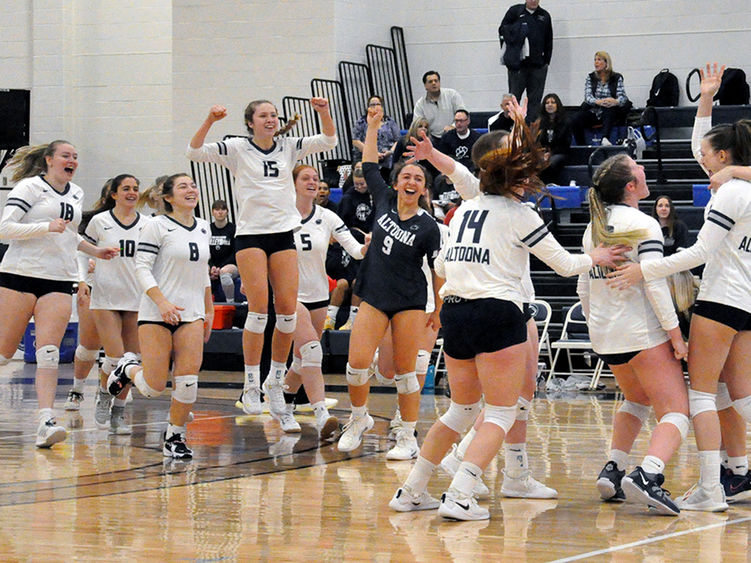 Penn State Altoona's women's volleyball team celebrates a recent victory