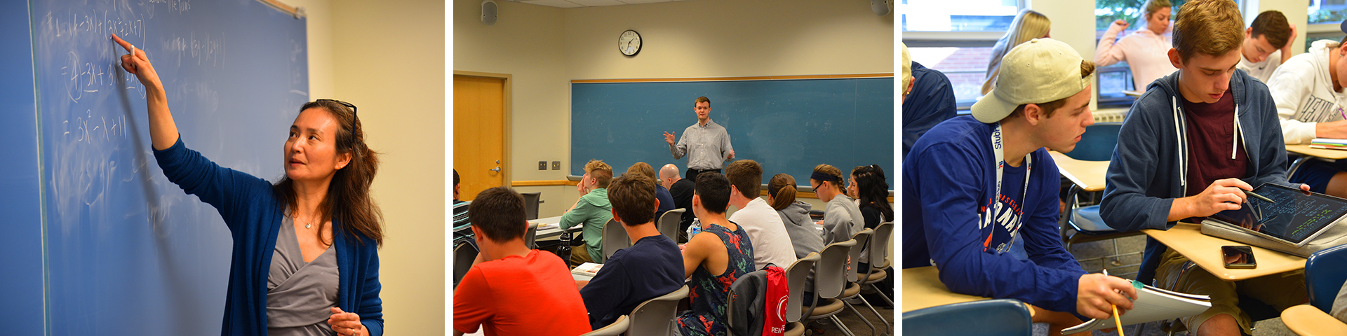 a collage of three photos representing faculty members and students in various classrooms