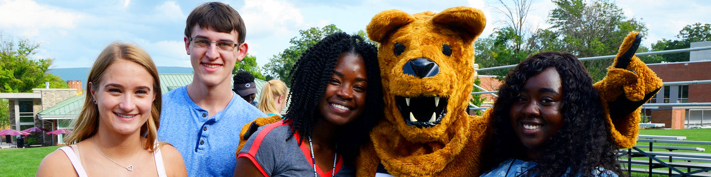 First year students pose with the Nittany Lion during orientation