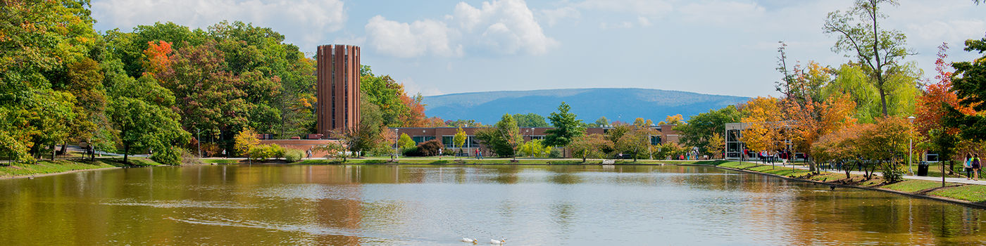 A fall view of the reflecting pond and the Eve Chapel