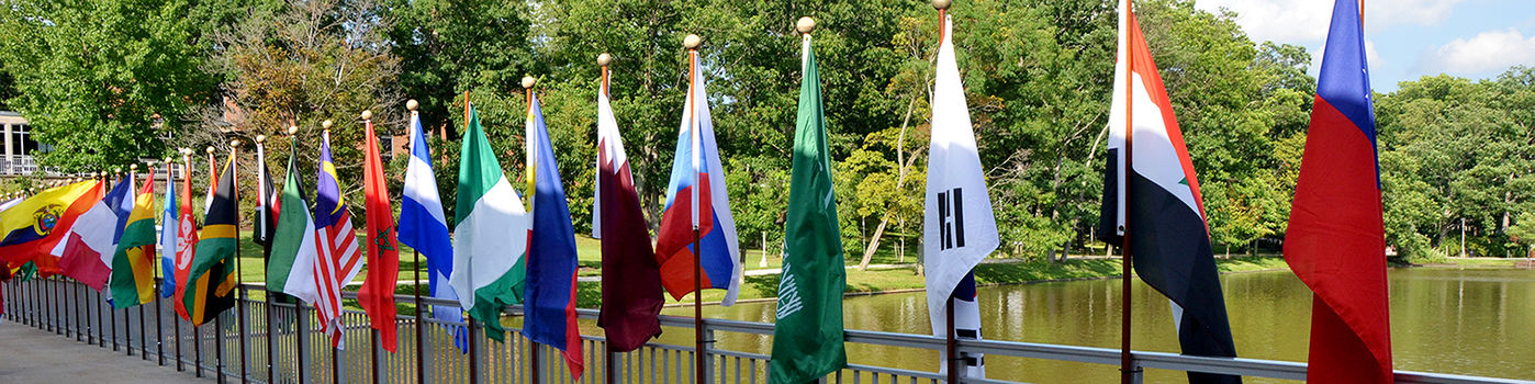 International Flags running along the Slep Student Center Portico