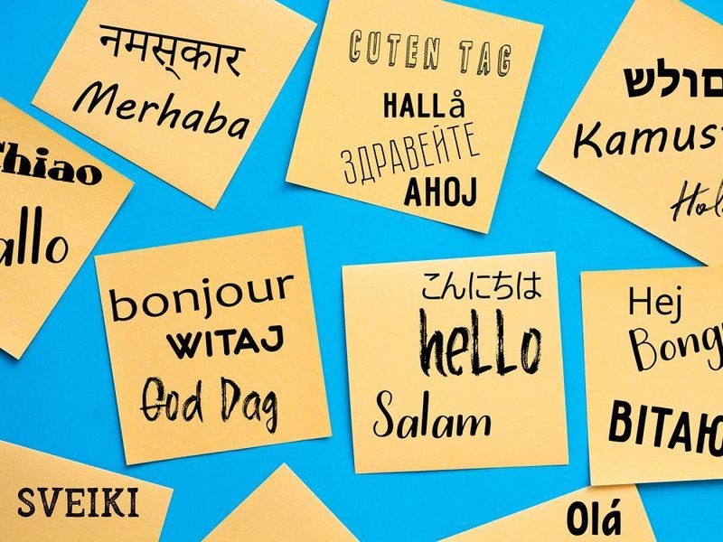 post-it notes with the word hello in many languages