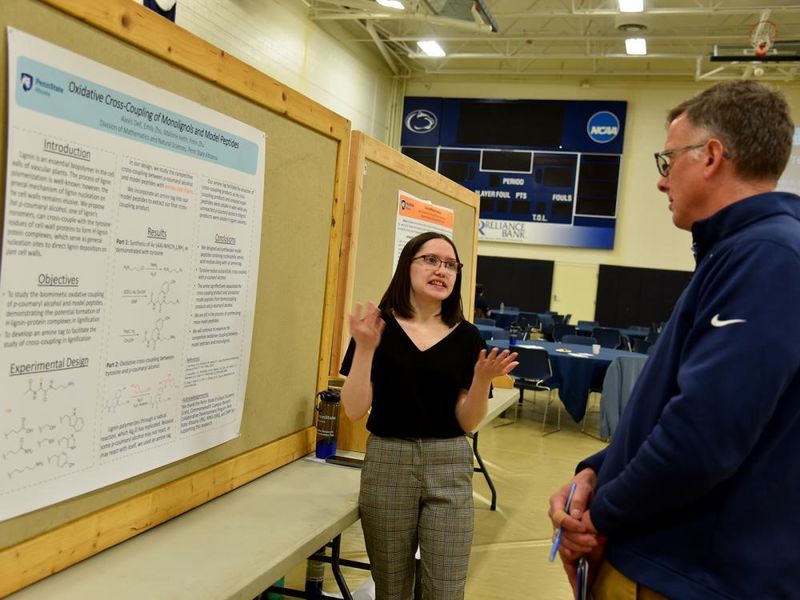 Alexis Davidson explains her engineering and physical sciences research to Vice Chancellor of Academic Affairs Peter Hopsicker.