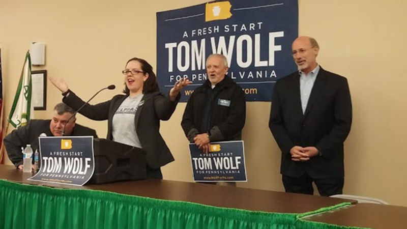 Kratzer at a rally for Tom Wolf before he was elected governor of the state