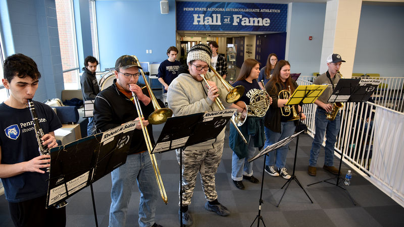 The Penn State Altoona pep band plays at a home men’s basketball game in February.