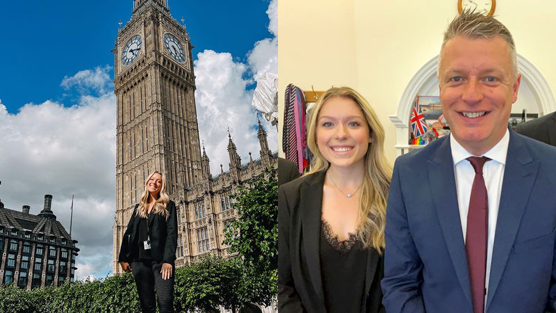 Two photos. Payton Perry posing in front of Big Ben and Perry posing with Luke Pollard