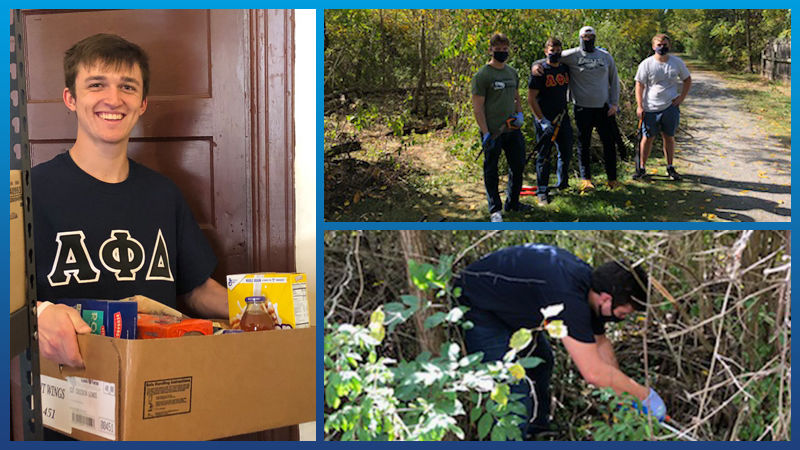 A collage of photos of members of the Alpha Phi Delta fraternity performing community service