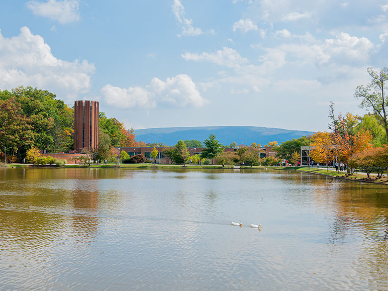 A view of the Penn State Altoona campus overlooking the Reflecting Pond