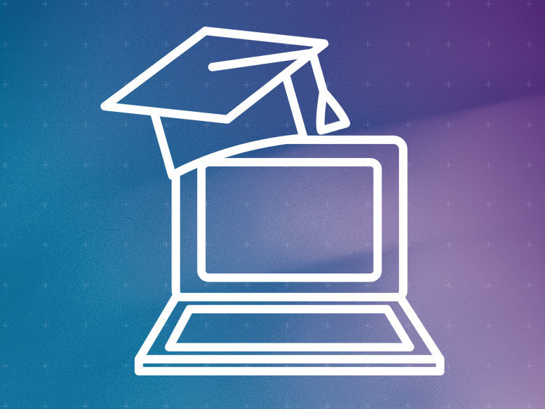 A graphic of a laptop with a graduation cap on