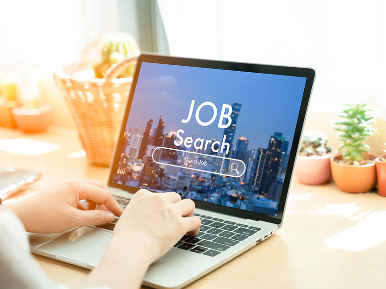 A person types on a laptop showing a JOB Search screen with a cityscape background. The scene includes plants and a basket on a sunlit desk.