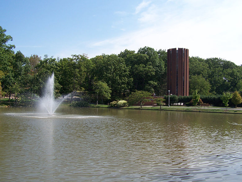 Pond, fountain, and Eve Chapel