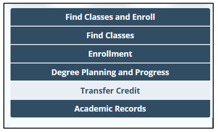 A menu interface with six options displayed in stacked blue rectangles. The options are, from top to bottom: 'Find Classes and Enroll,' 'Find Classes,' 'Enrollment,' 'Degree Planning and Progress,' 'Transfer Credit' (highlighted in a lighter shade), and 'Academic Records.'"