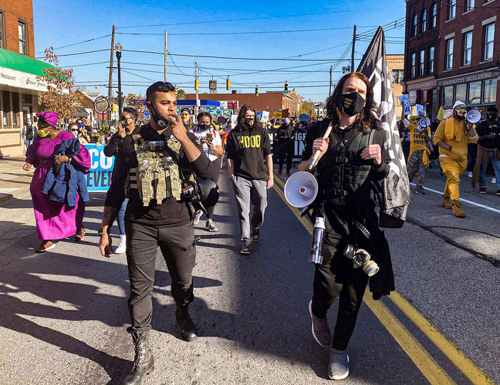 Andrae Holsey leads the Count Every Vote march in Pittsburgh in Nov. 2020.