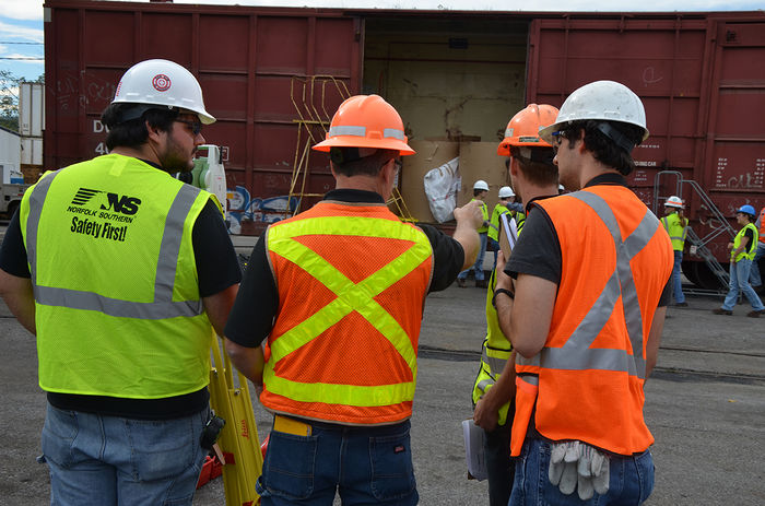 Brian Daniel of Leica Geosystems Teaches RTE students to use Leica SafeLoad© Measurement system to measure freight cars at Norfolk Southern’s Rose Yard in Altoona, PA