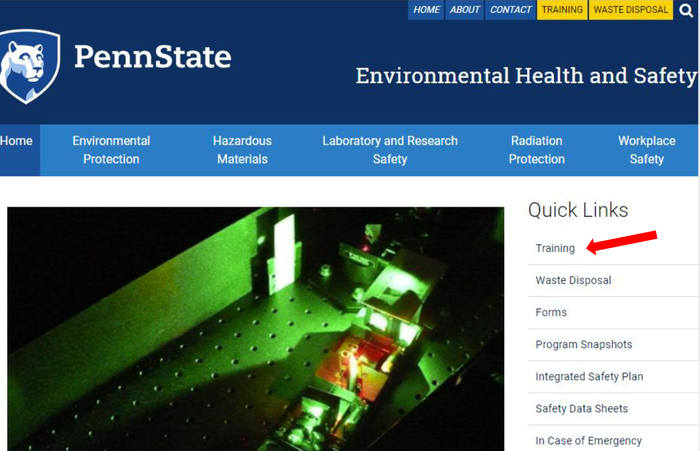 Screen capture of the EHS homepage with an arrow indicating the quick link to training