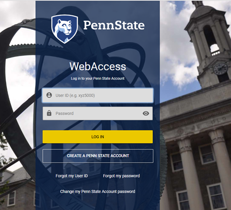 Screen capture of the standard PSU WebAccess log in screen
