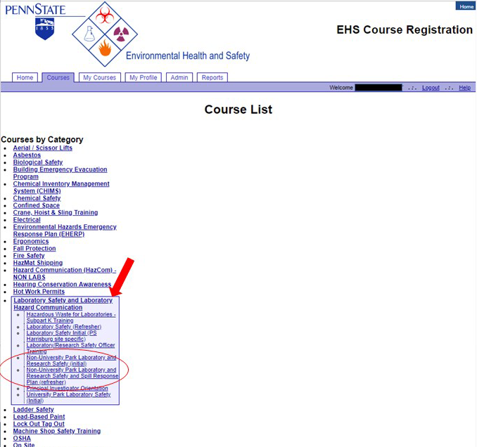 Screen capture of the EHS training page with the required trainings circled in red