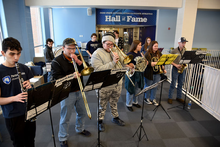 The Penn State Altoona pep band plays at a home men’s basketball game in February.