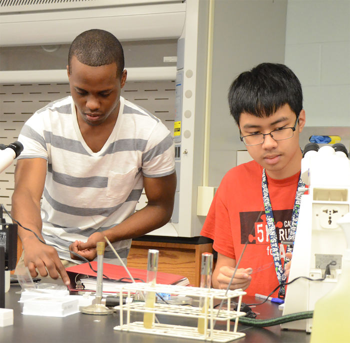 Students work in a science lab on campus