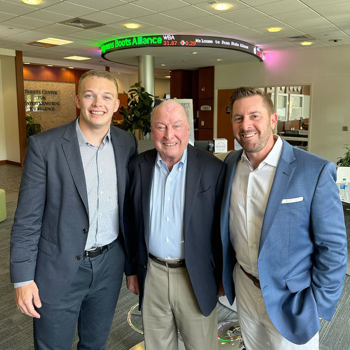 Steve Snowden with mentor Steve Sheetz (center) and boss Michael Wall (right) at the Sheetz Center for Entrepreneurial Excellence.