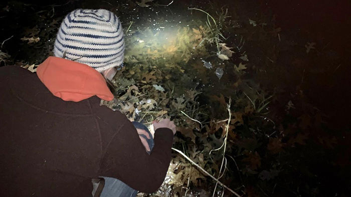 A participant in ClearWater Conservancy’s March 2019 vernal pools trip uses a flashlight to look for animals.