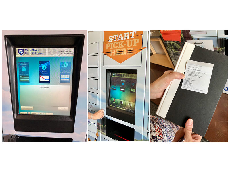three image collage showing touchscreen, swiping ID card and retrieved book with printed receipt