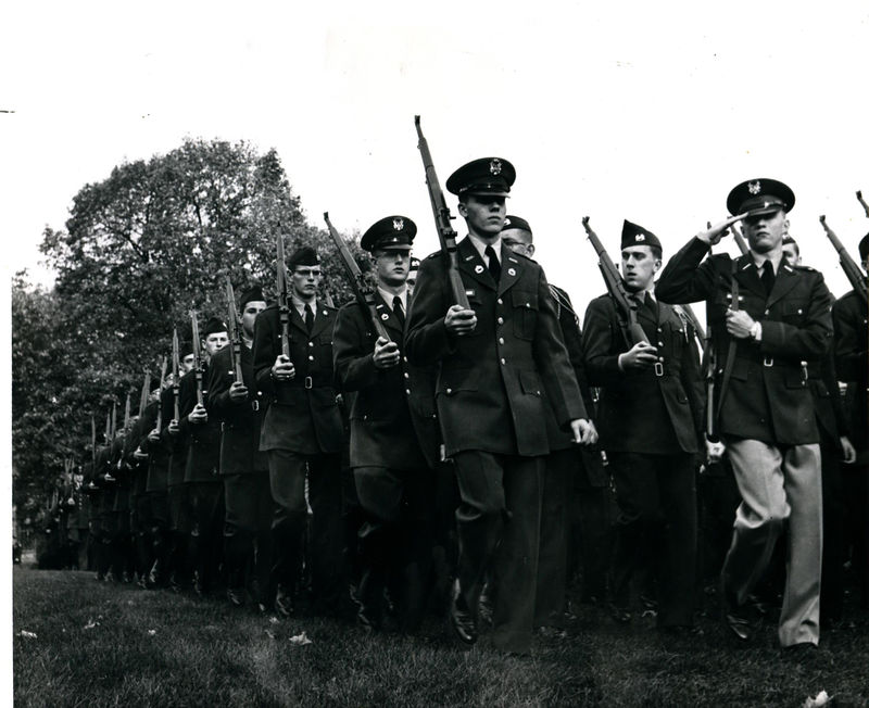 Penn State Army ROTC cadets march during a weekly parade in 1957