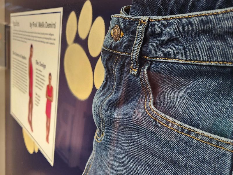 Photo of a pair of jeans, white paw prints and signage in a frame. 