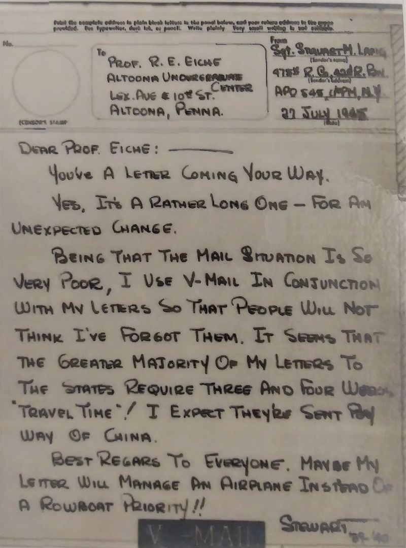 Image of a piece of Victory Mail from a Penn State Altoona student during World War II.