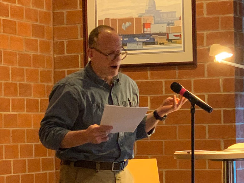 Todd Davis offers a reading at the spring 2022 Hard Freight Cafe