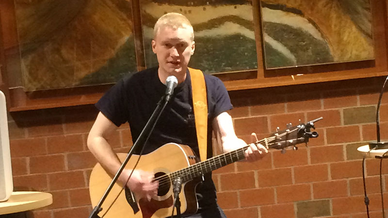 A student performing at the spring 2018 Hard Freight Cafe