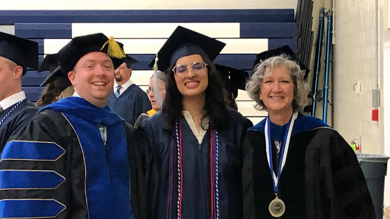 Sidra Arshad (center) with Kyle King, assistant professor of English, and Sandy Petrulionis, Distinguished Professor of English and American Studies