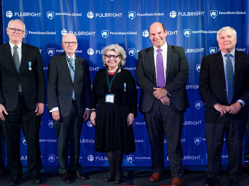 Professor Emerita Roselyn Costantino poses for a photo with Penn State administrators at a celebration of the 75th anniversary of the Fulbright program