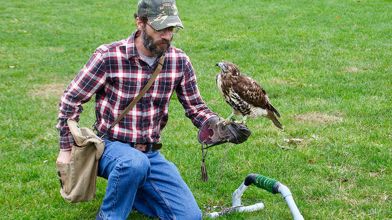 Sam Findley trains with a red-tailed hawk on the intramural fields at Penn State Altoona