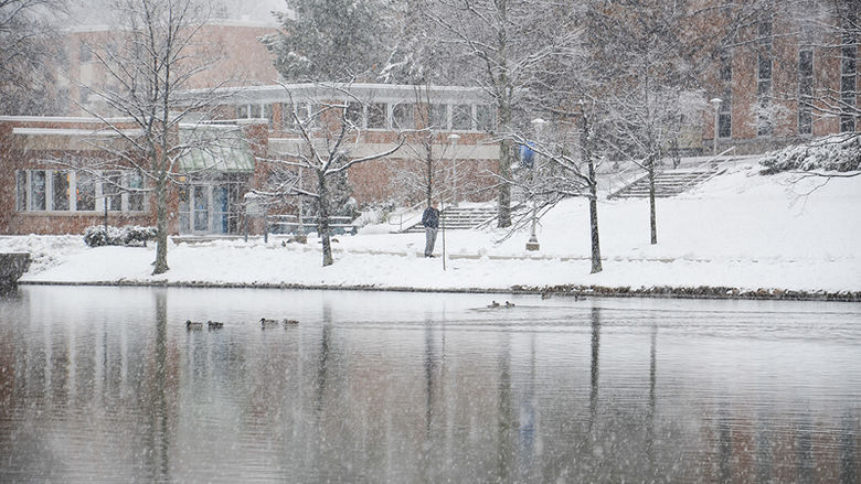 A view of the bookstore and oak hall across the pond
