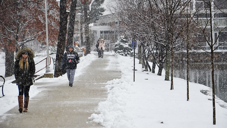 Students walk to class by the pond