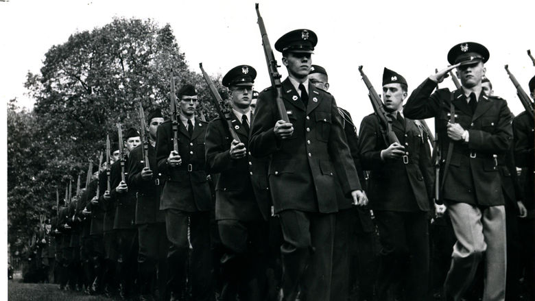 Penn State Army ROTC cadets march during a weekly parade in 1957