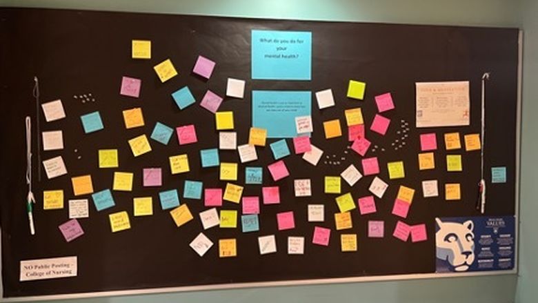 Wellness board with sticky notes that outline ways that students improve their mental health at Penn State Altoona.