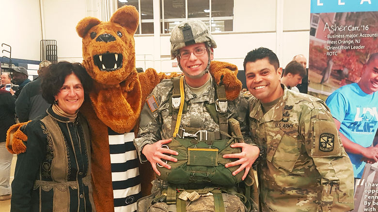 Chancellor and Dean Lori J. Bechtel-Wherry, cadet Jonathan Ambrosino, and Prudencio at the 2018 spring Involvement Fair.