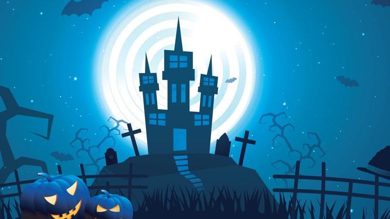 Vector graphic of a spooky castle with jack-o-lanterns in the foreground