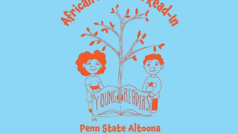 A graphic for Penn State Altoona's 2025 African American Read-in, depicting two young people holding open a book in front of a tree. The book includes the words Young Readers.